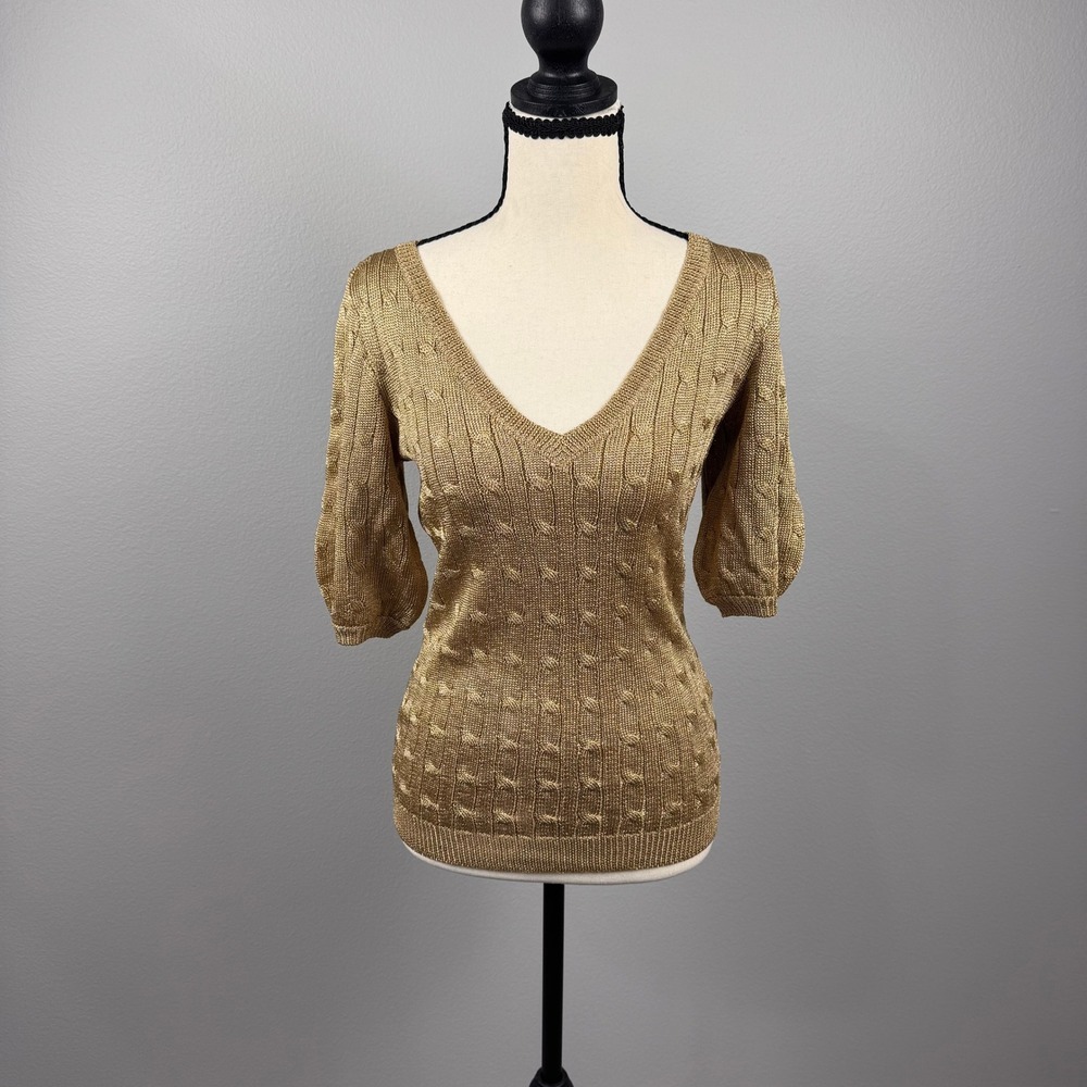 Ralph Lauren Metallic Gold Cable Knit Puff Sleeve Sweater Top M Black Label